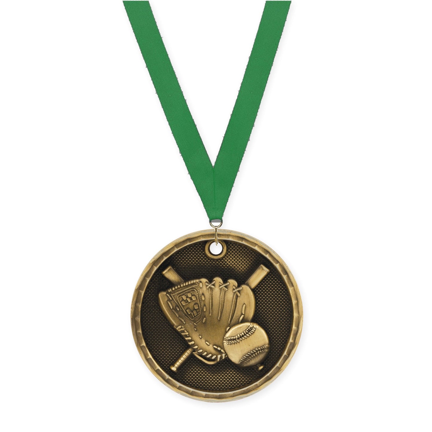 2 inch baseball 3-D medal in antique gold with Green neck ribbon