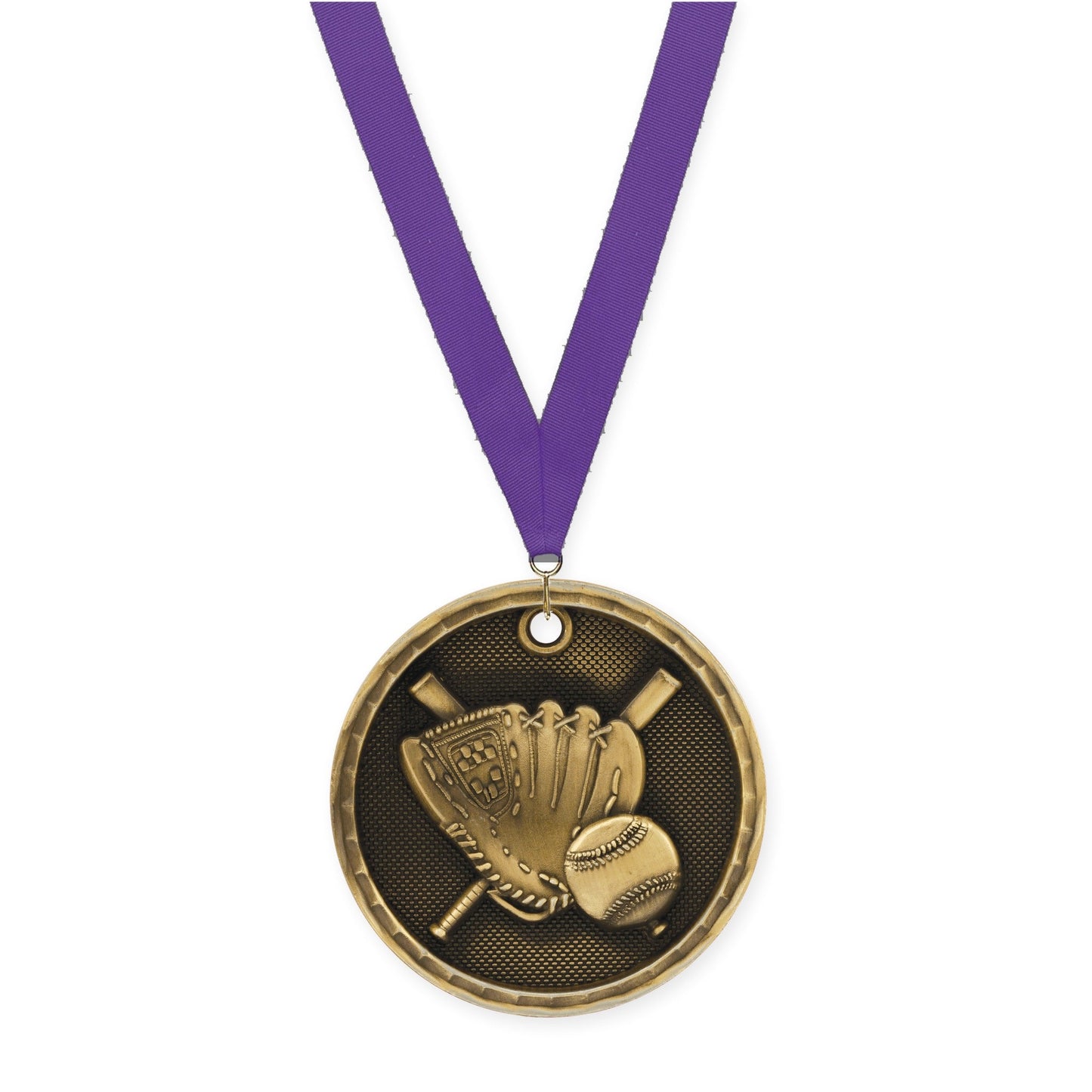 2 inch baseball 3-D medal in antique gold with Purple neck ribbon