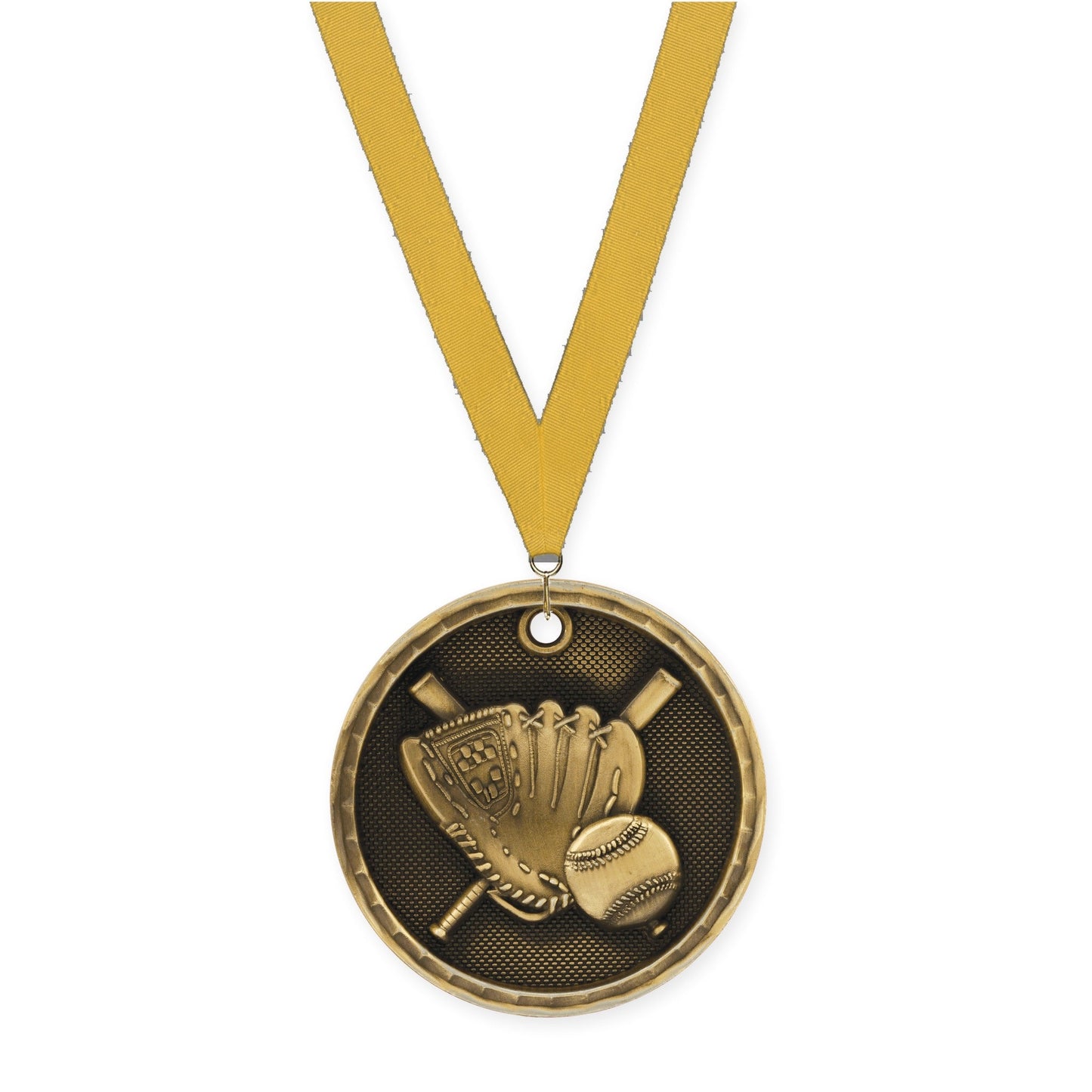 2 inch baseball 3-D medal in antique gold with Gold neck ribbon