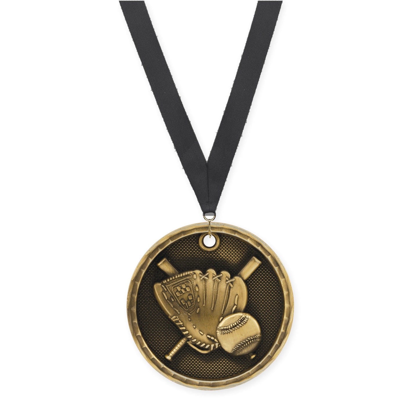 2 inch baseball 3-D medal in antique gold with Black neck ribbon