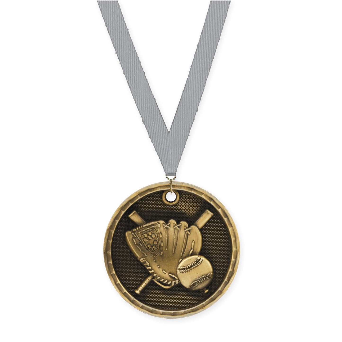 2 inch baseball 3-D medal in antique gold with Gray neck ribbon