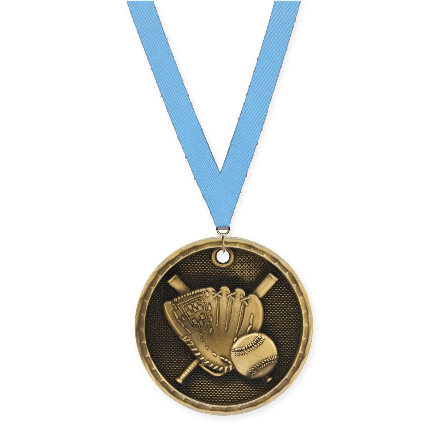 2 inch baseball 3-D medal in antique gold with Light Blue neck ribbon