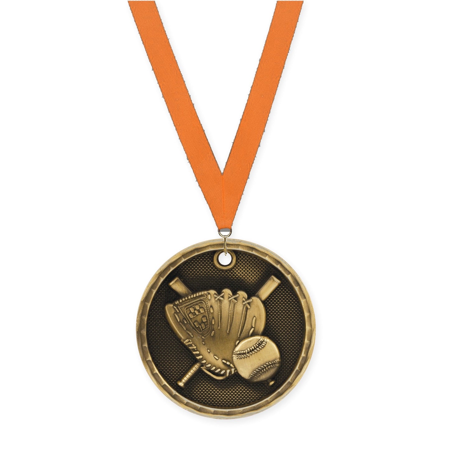 2 inch baseball 3-D medal in antique gold with Orange neck ribbon