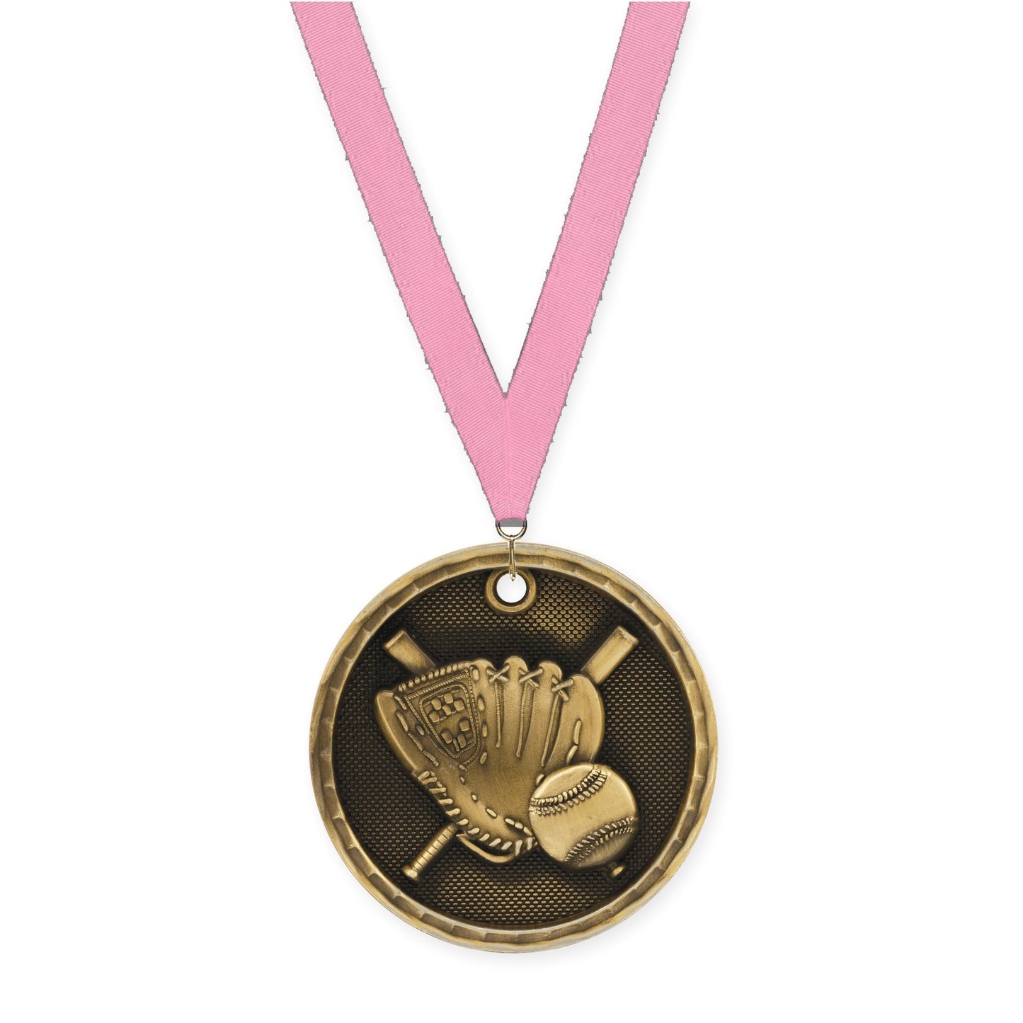 2 inch baseball 3-D medal in antique gold with Pink neck ribbon
