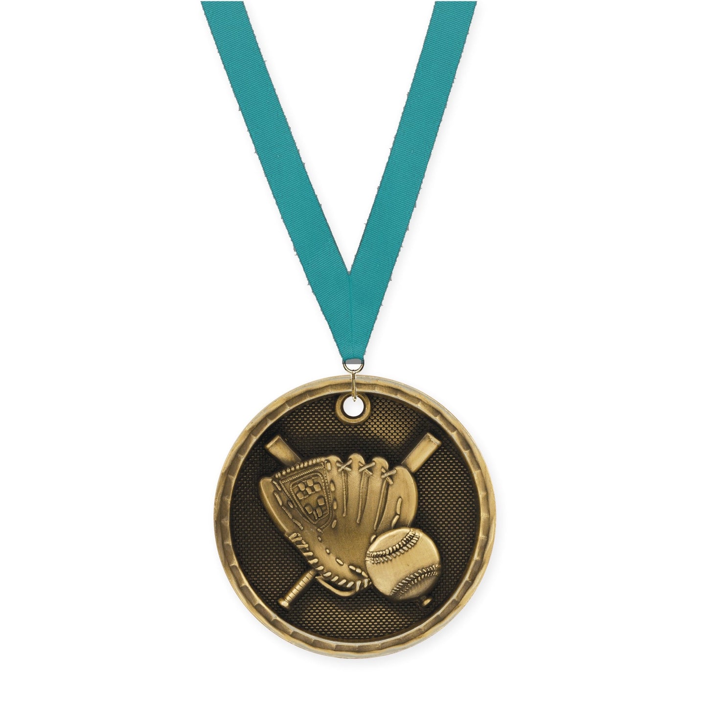 2 inch baseball 3-D medal in antique gold with Teal neck ribbon