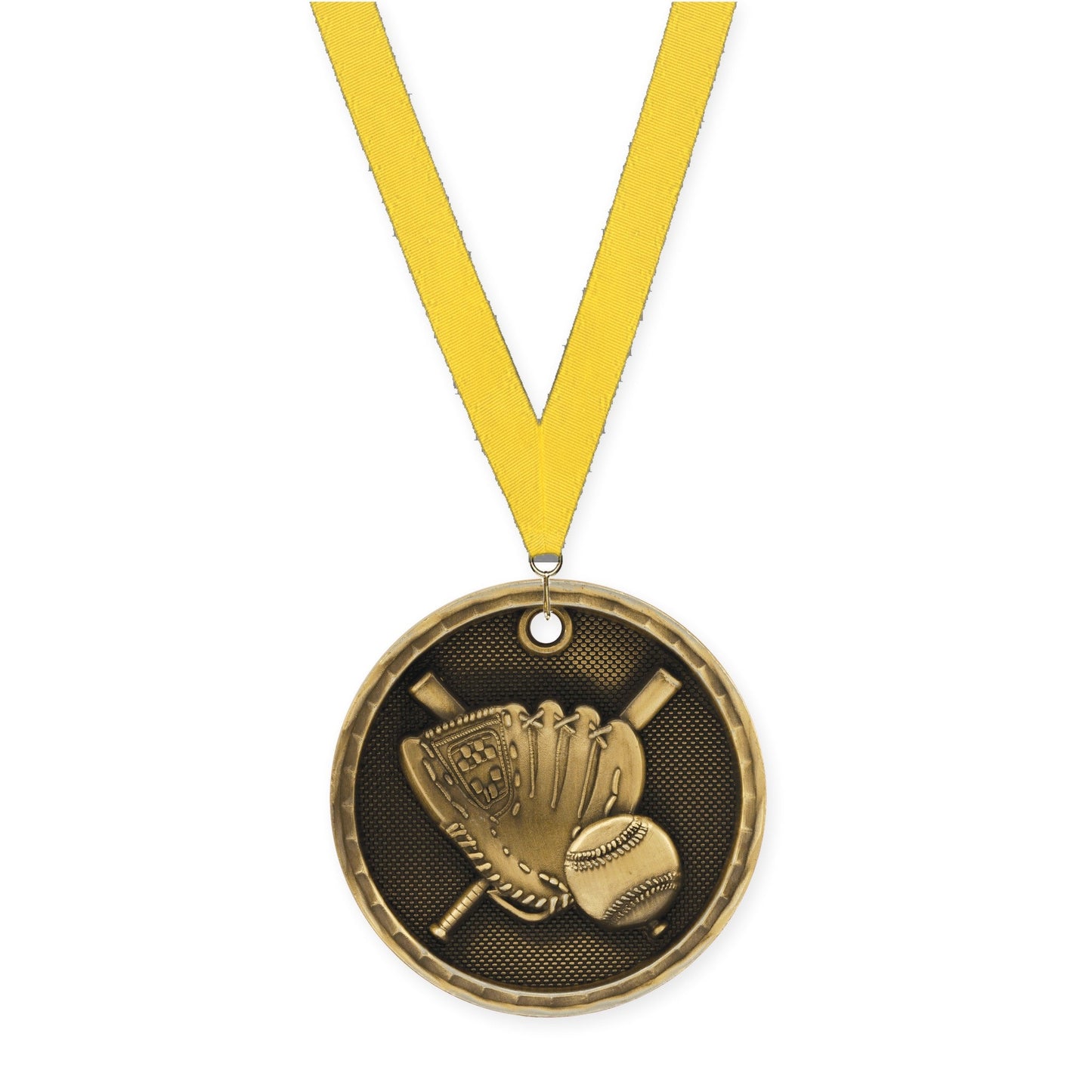 2 inch baseball 3-D medal in antique gold with Yellow neck ribbon