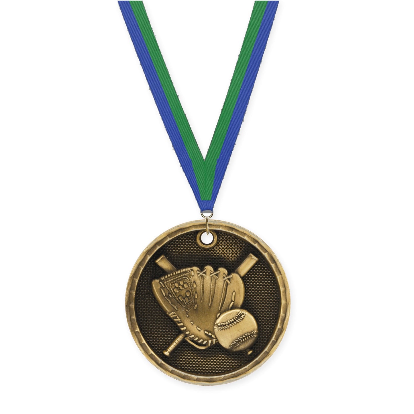 2 inch baseball 3-D medal in antique gold with Blue Green neck ribbon