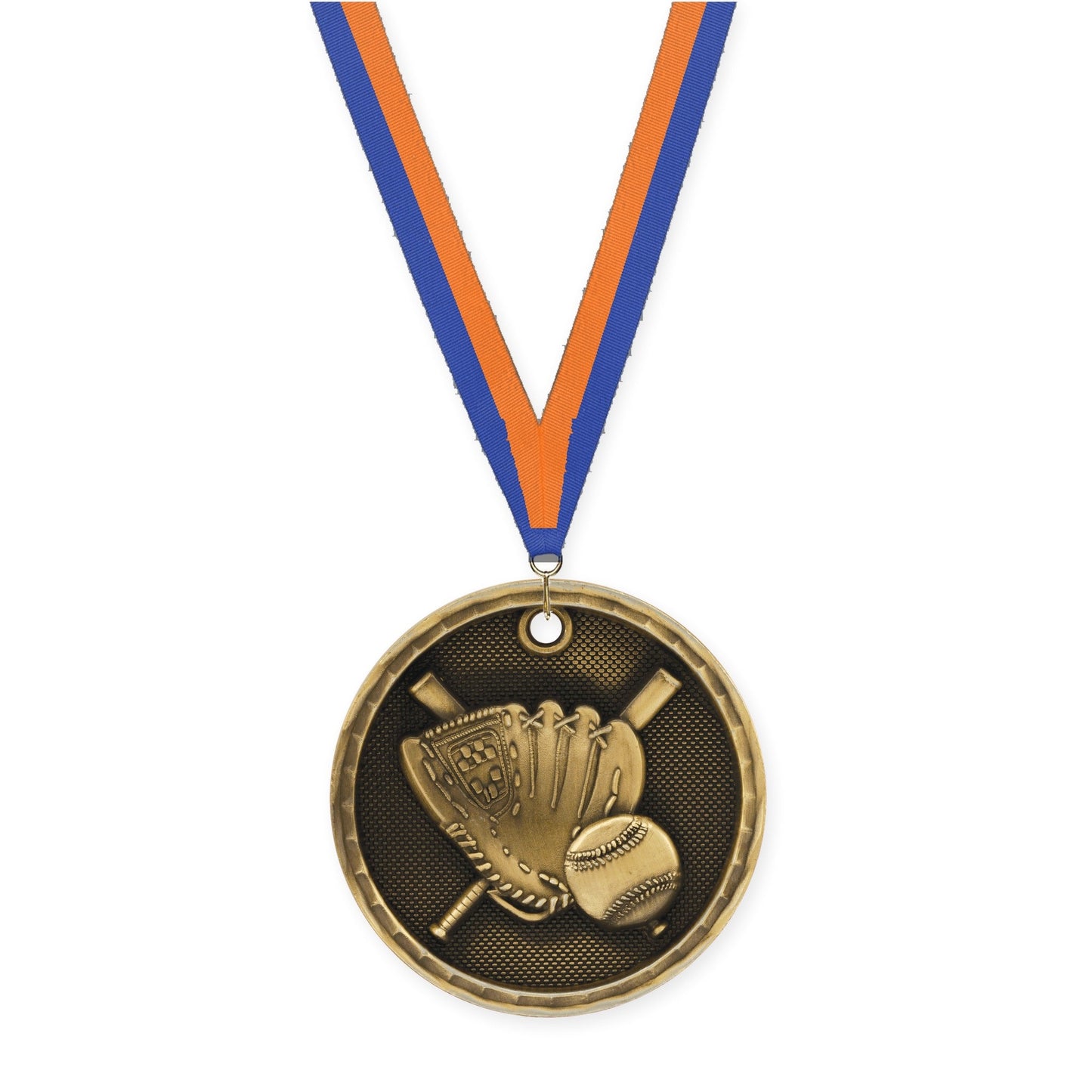 2 inch baseball 3-D medal in antique gold with Blue Orange neck ribbon