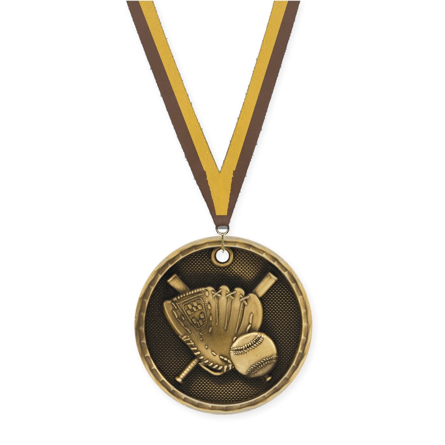 2 inch baseball 3-D medal in antique gold with Brown Gold neck ribbon