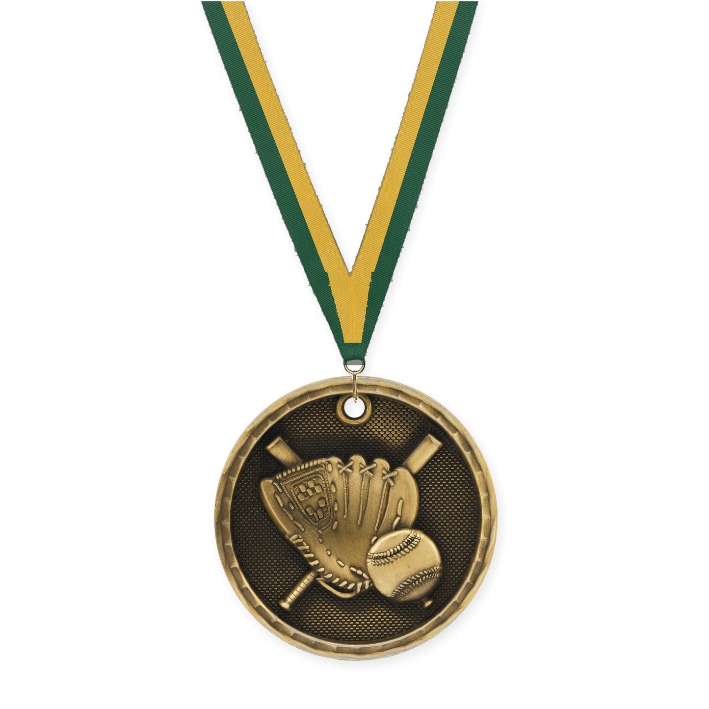 2 inch baseball 3-D medal in antique gold with Hunter Green Gold neck ribbon