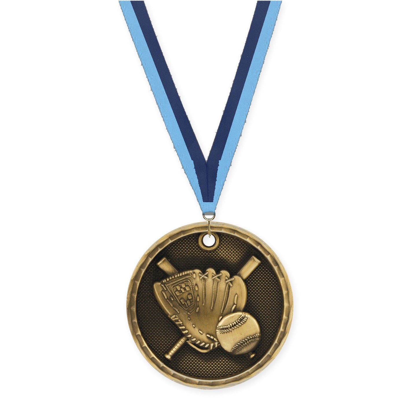 2 inch baseball 3-D medal in antique gold with Light Blue Navy neck ribbon