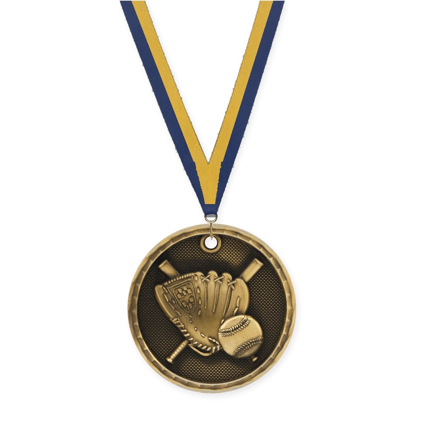 2 inch baseball 3-D medal in antique gold with Navy Gold neck ribbon