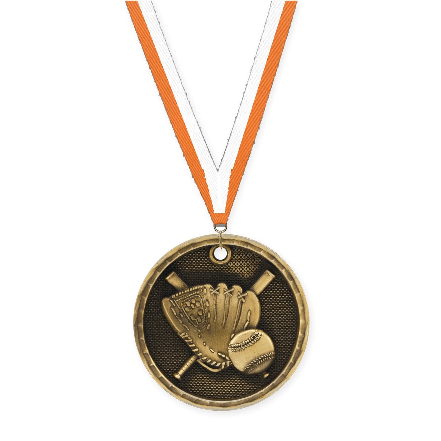 2 inch baseball 3-D medal in antique gold with Orange White neck ribbon
