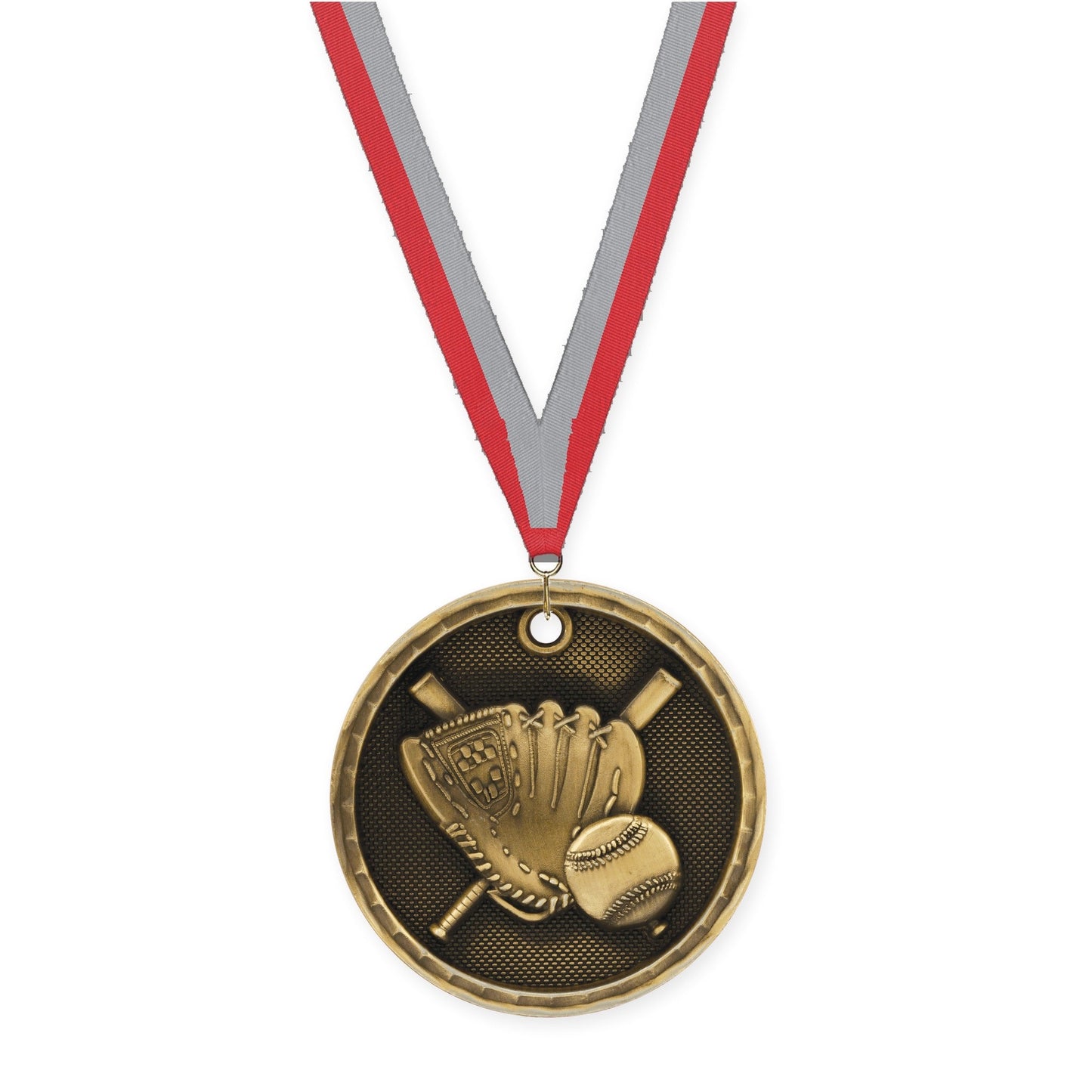 2 inch baseball 3-D medal in antique gold with Red Gray neck ribbon