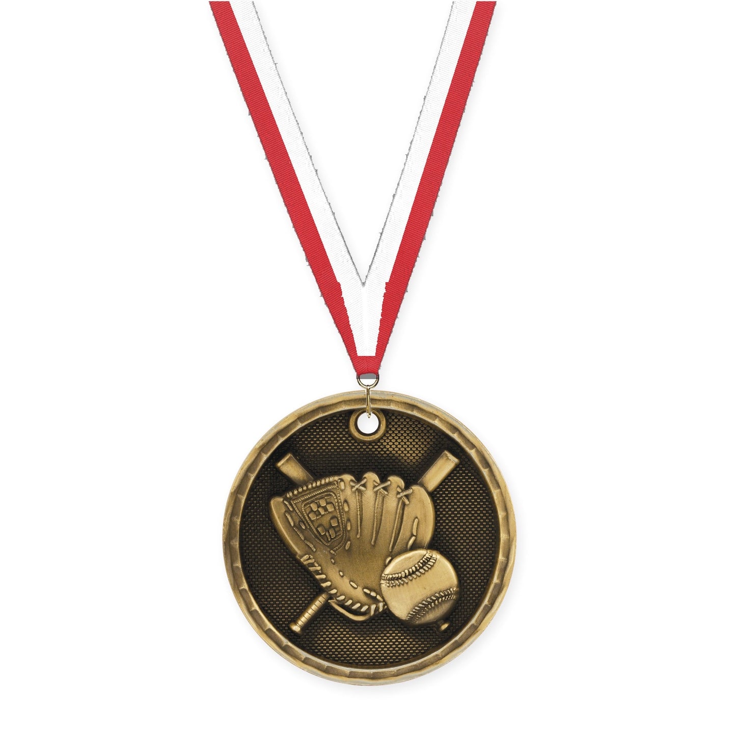 2 inch baseball 3-D medal in antique gold with Red White neck ribbon