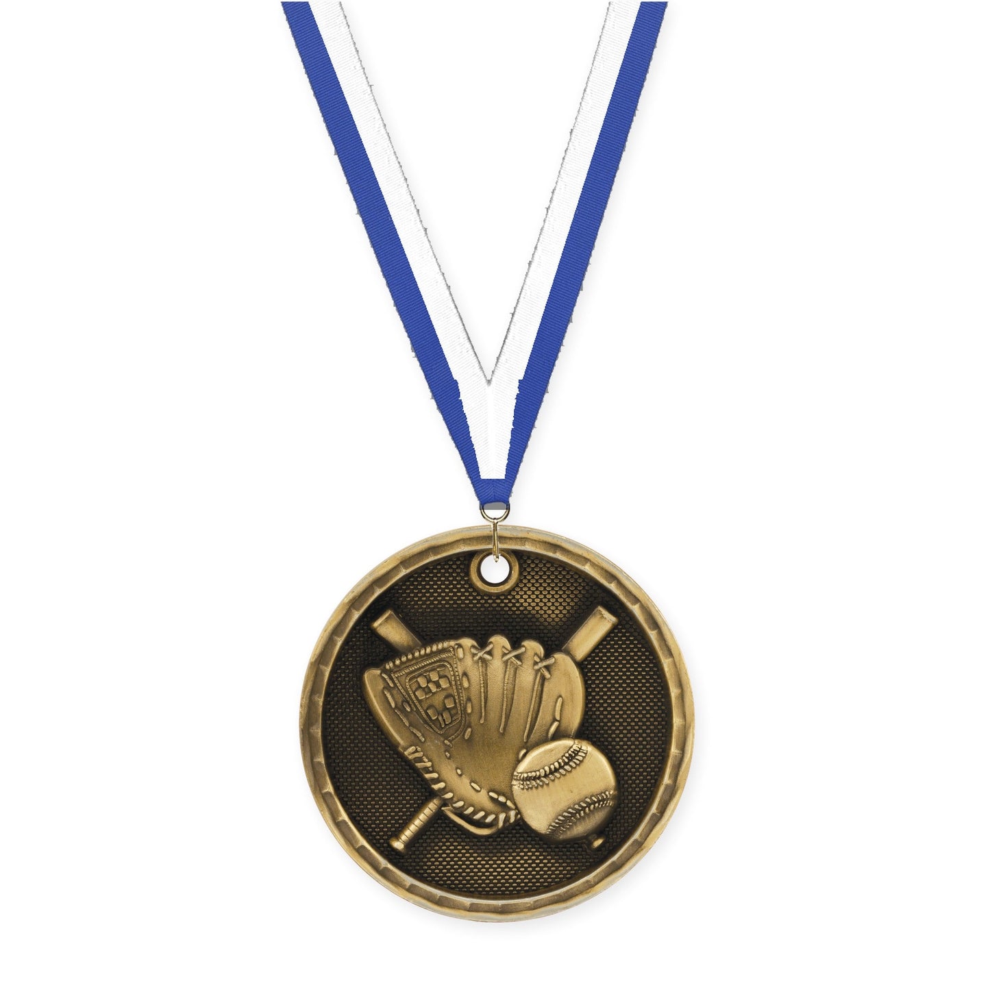 2 inch baseball 3-D medal in antique gold with Blue White neck ribbon