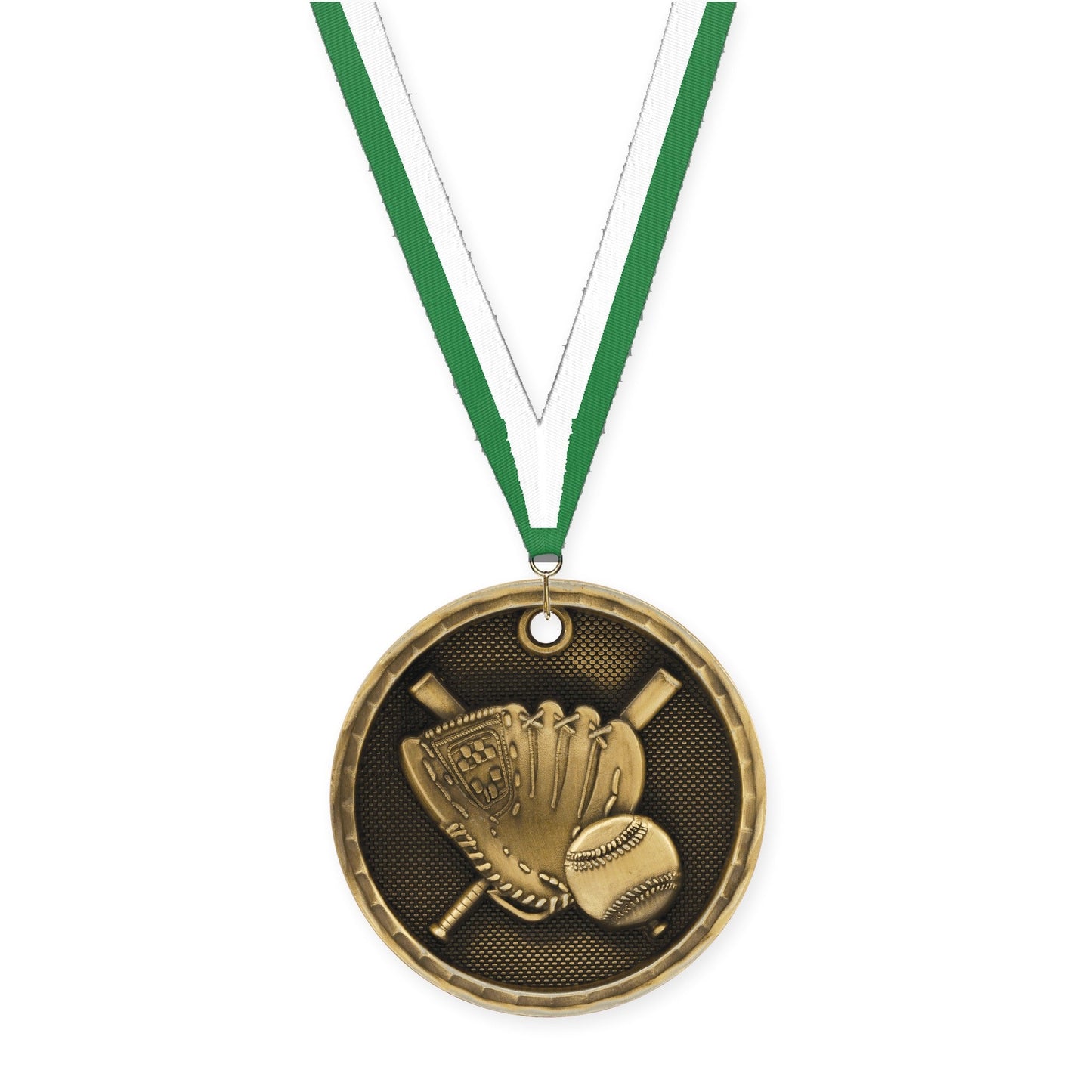 2 inch baseball 3-D medal in antique gold with Green White neck ribbon