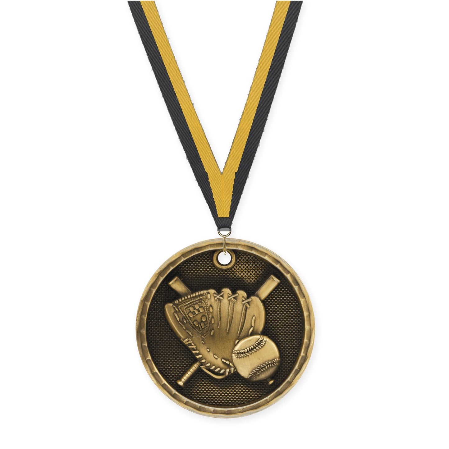 2 inch baseball 3-D medal in antique gold with Black Gold neck ribbon