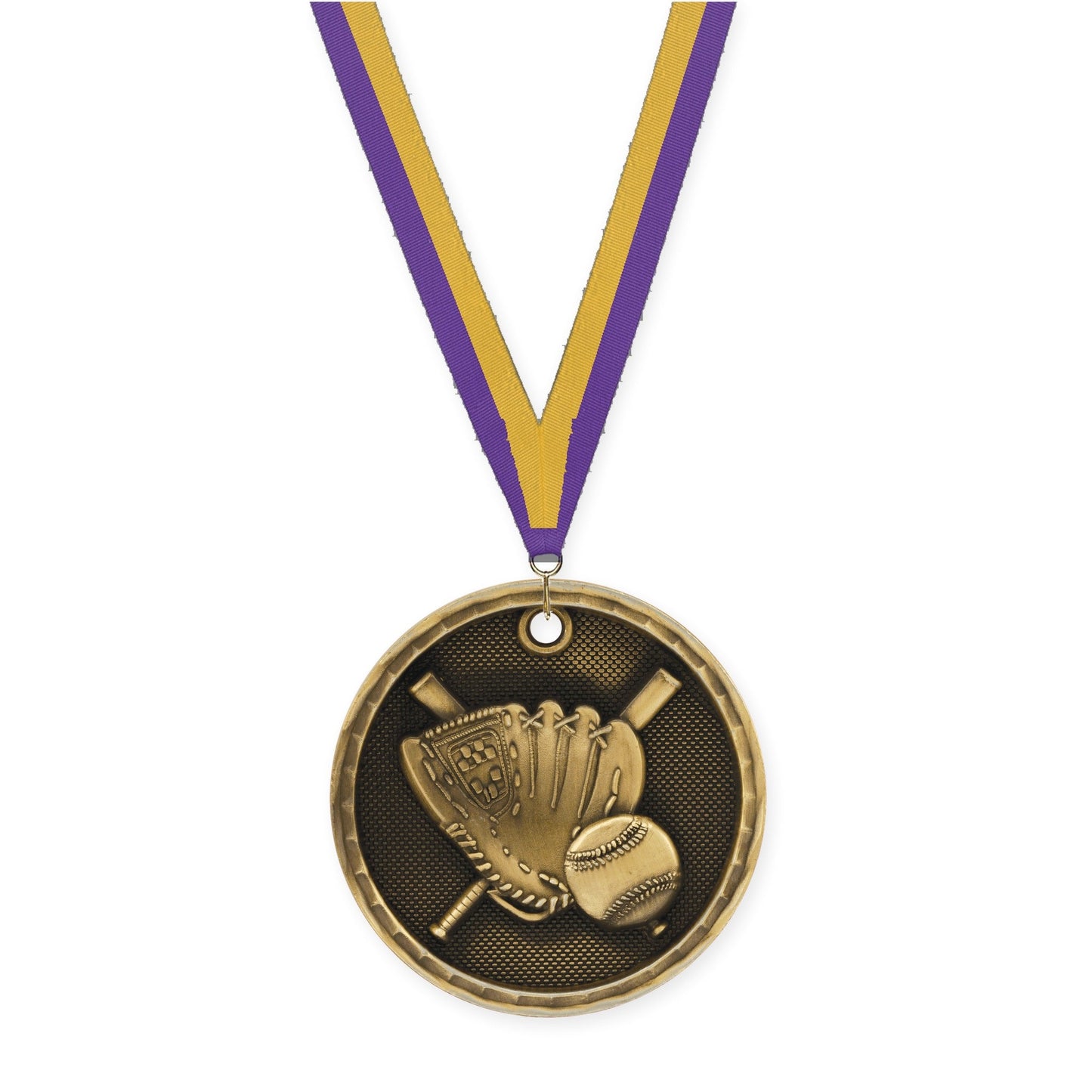 2 inch baseball 3-D medal in antique gold with Purple Gold neck ribbon