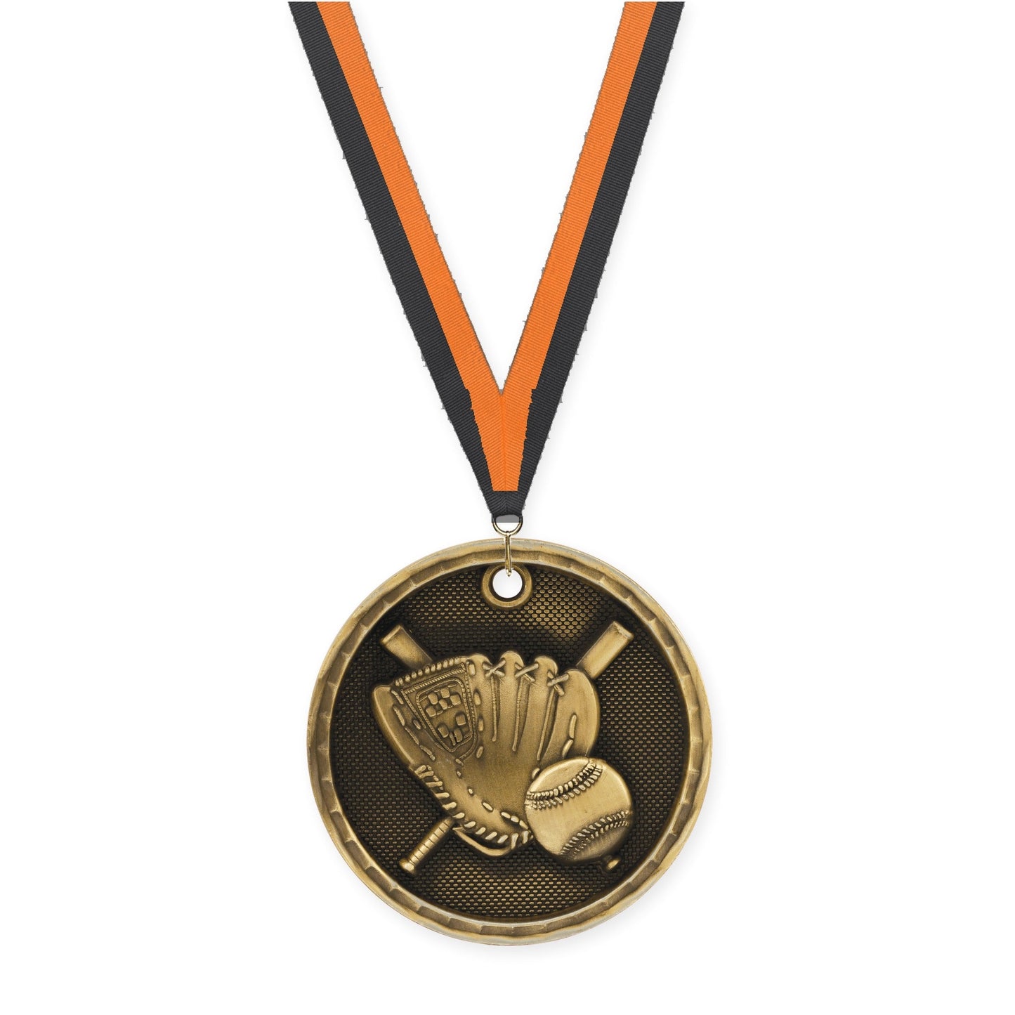 2 inch baseball 3-D medal in antique gold with Black Orange neck ribbon