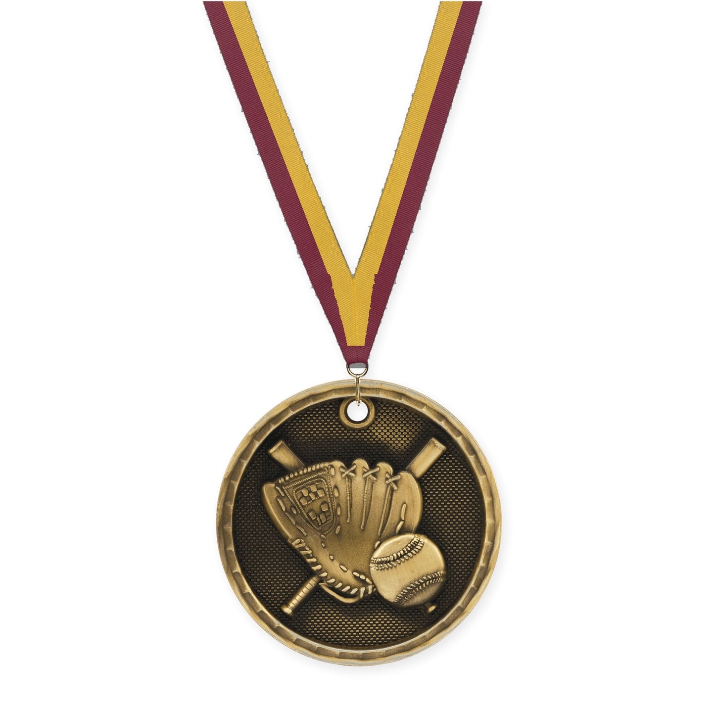 2 inch baseball 3-D medal in antique gold with Maroon Gold neck ribbon