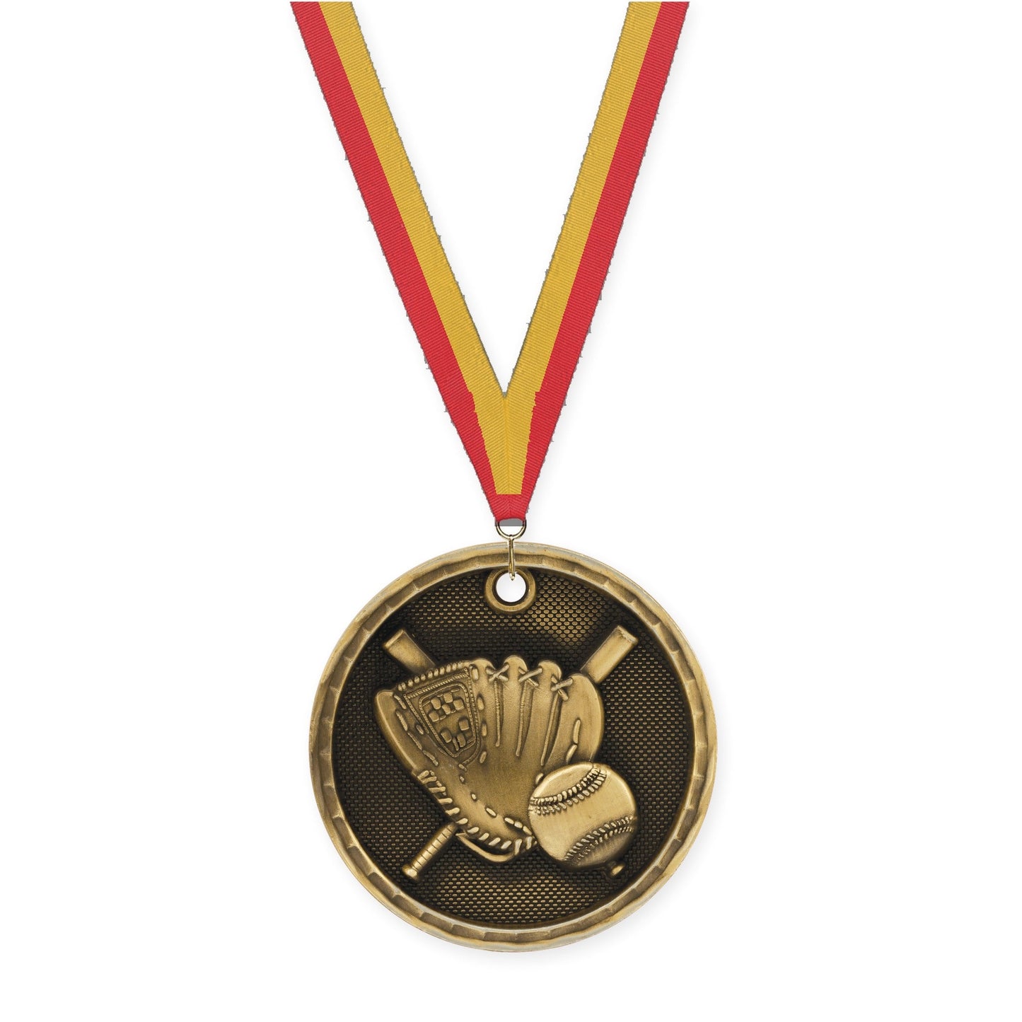 2 inch baseball 3-D medal in antique gold with Red Gold neck ribbon