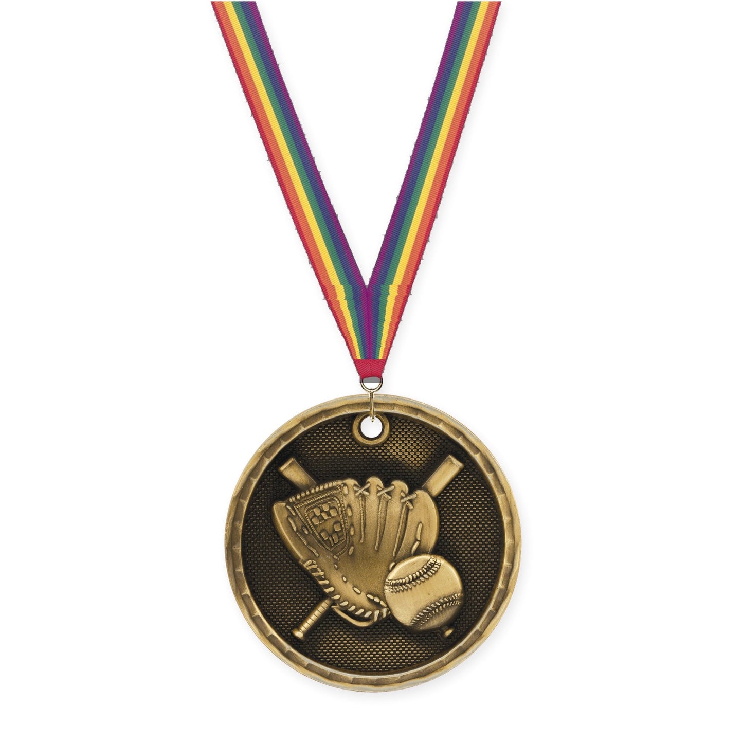 2 inch baseball 3-D medal in antique gold with Rainbow neck ribbon