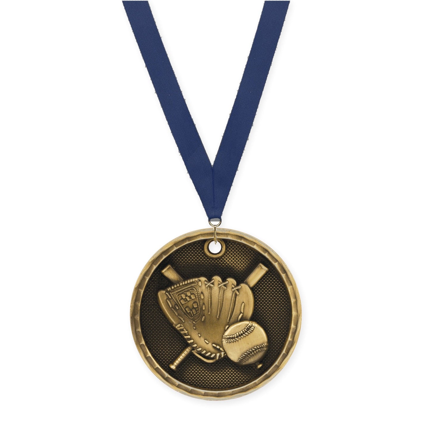 2 inch baseball 3-D medal in antique gold with Navy neck ribbon
