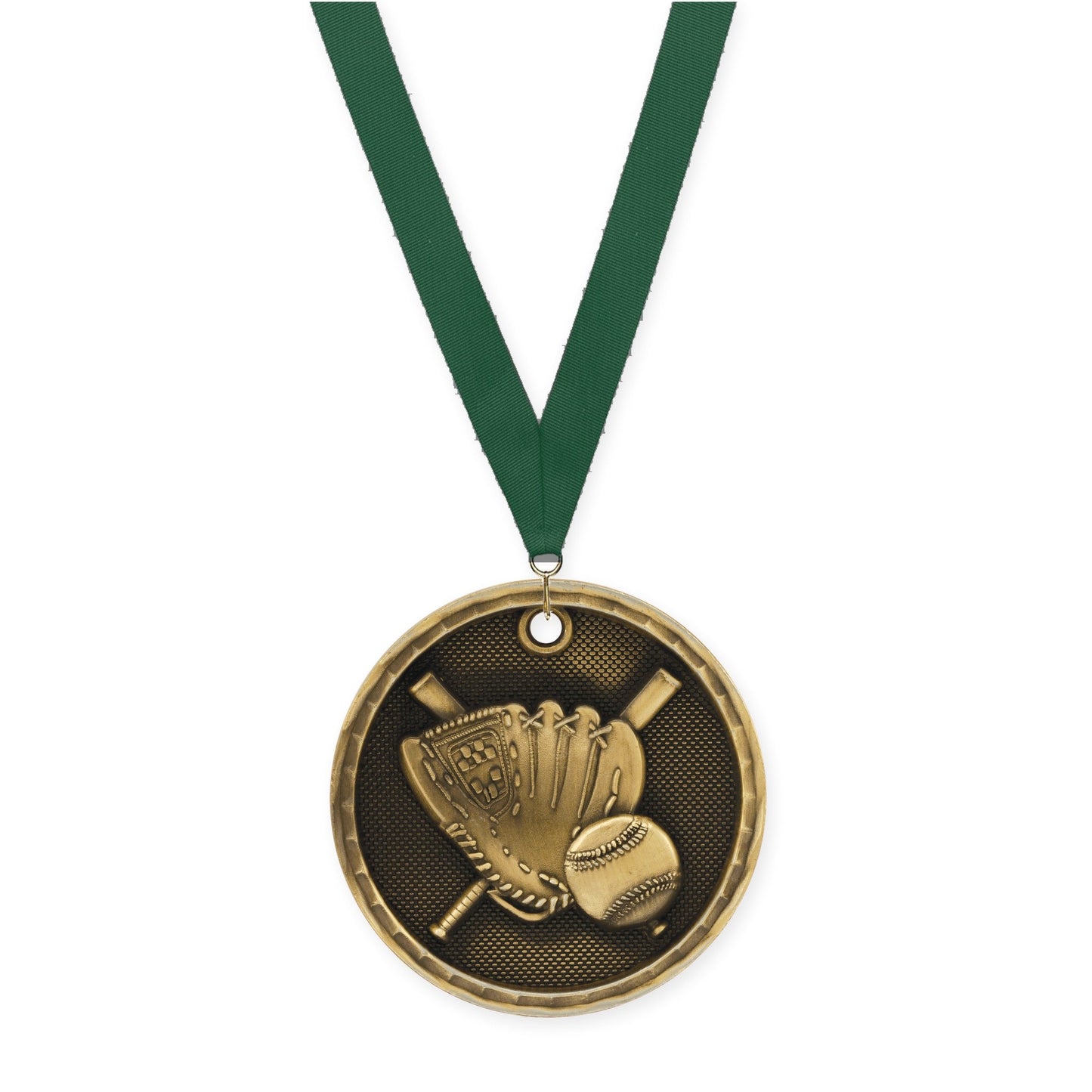 2 inch baseball 3-D medal in antique gold with Hunter Green neck ribbon