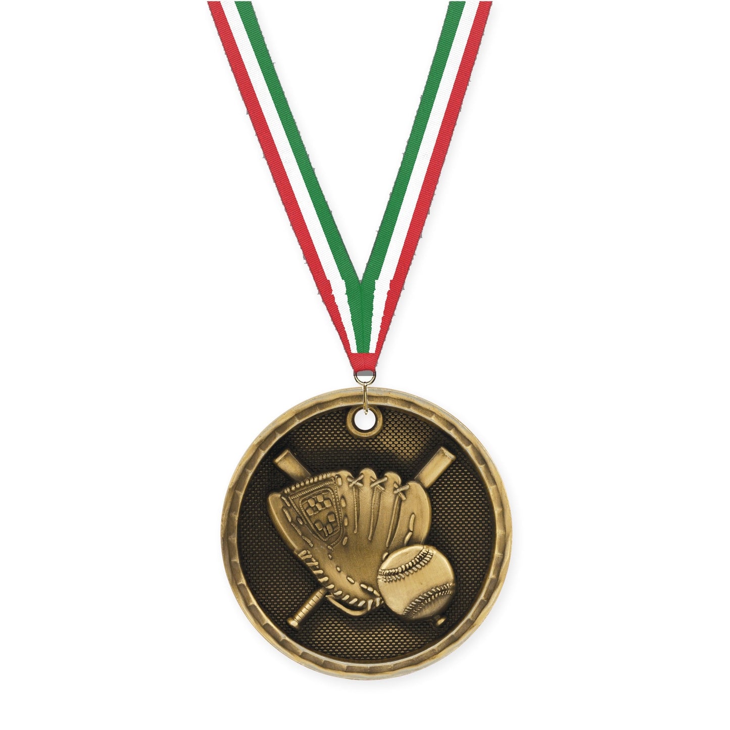 2 inch baseball 3-D medal in antique gold with Red White Green neck ribbon