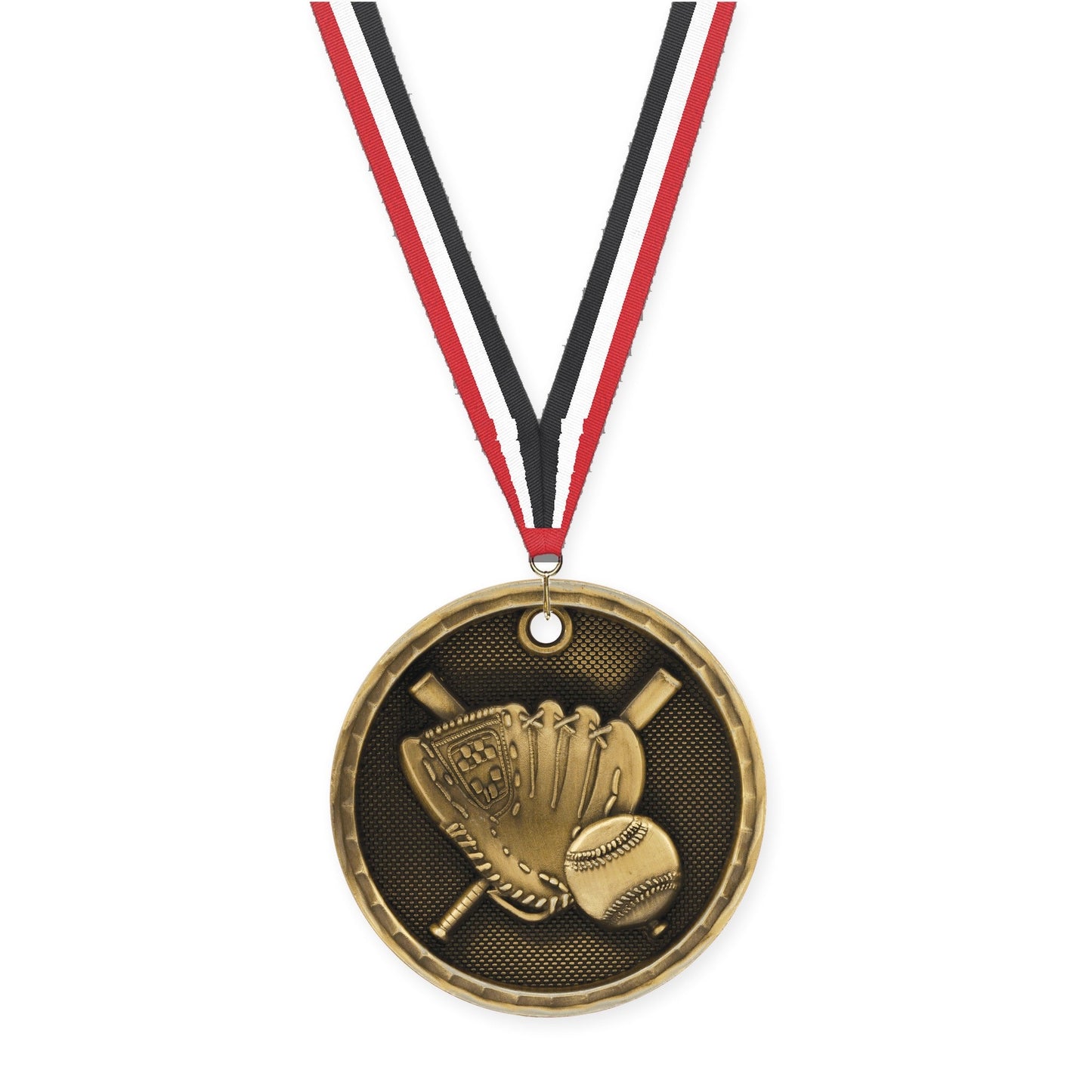 2 inch baseball 3-D medal in antique gold with Red White Black neck ribbon