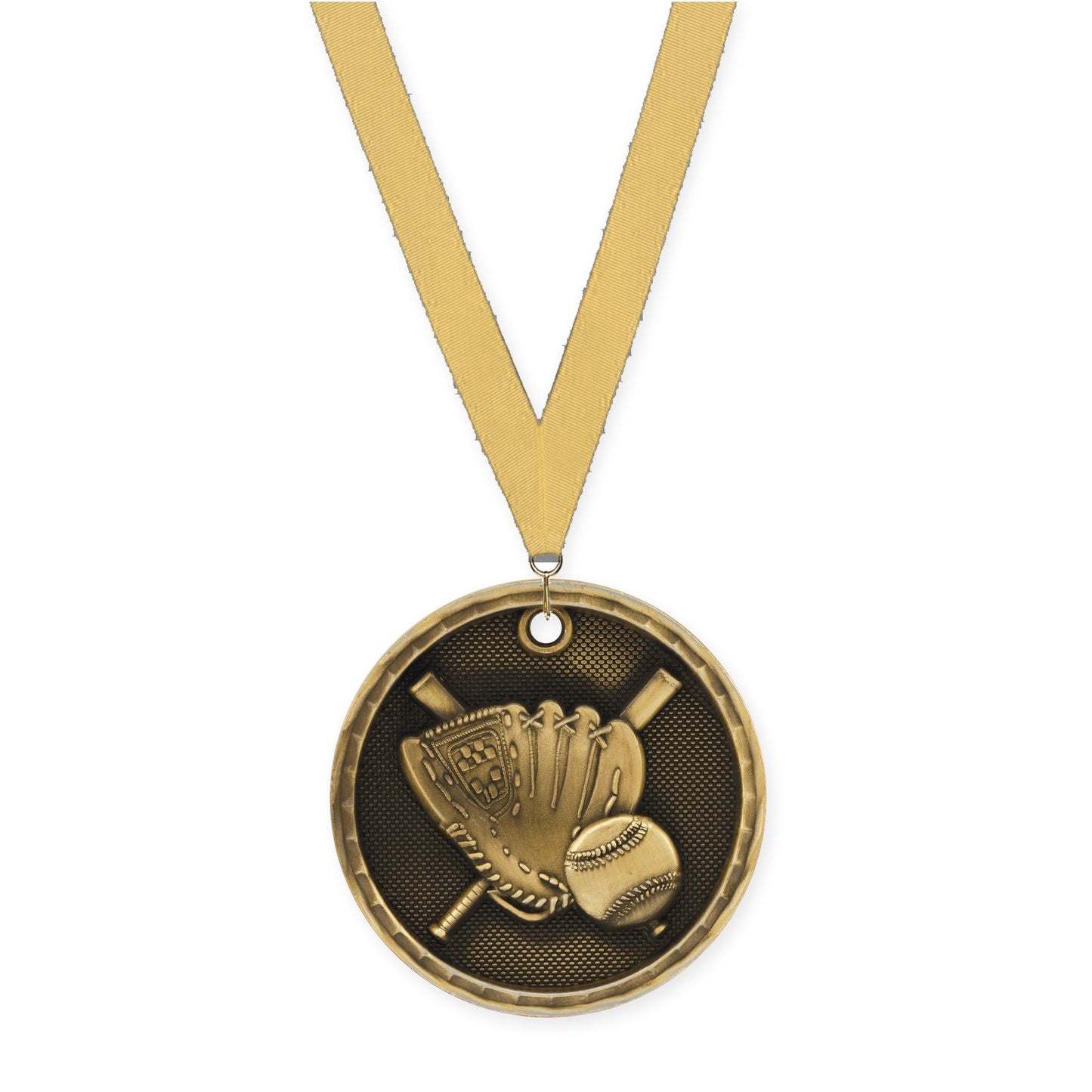 2 inch baseball 3-D medal in antique gold with Gold Metallic neck ribbon