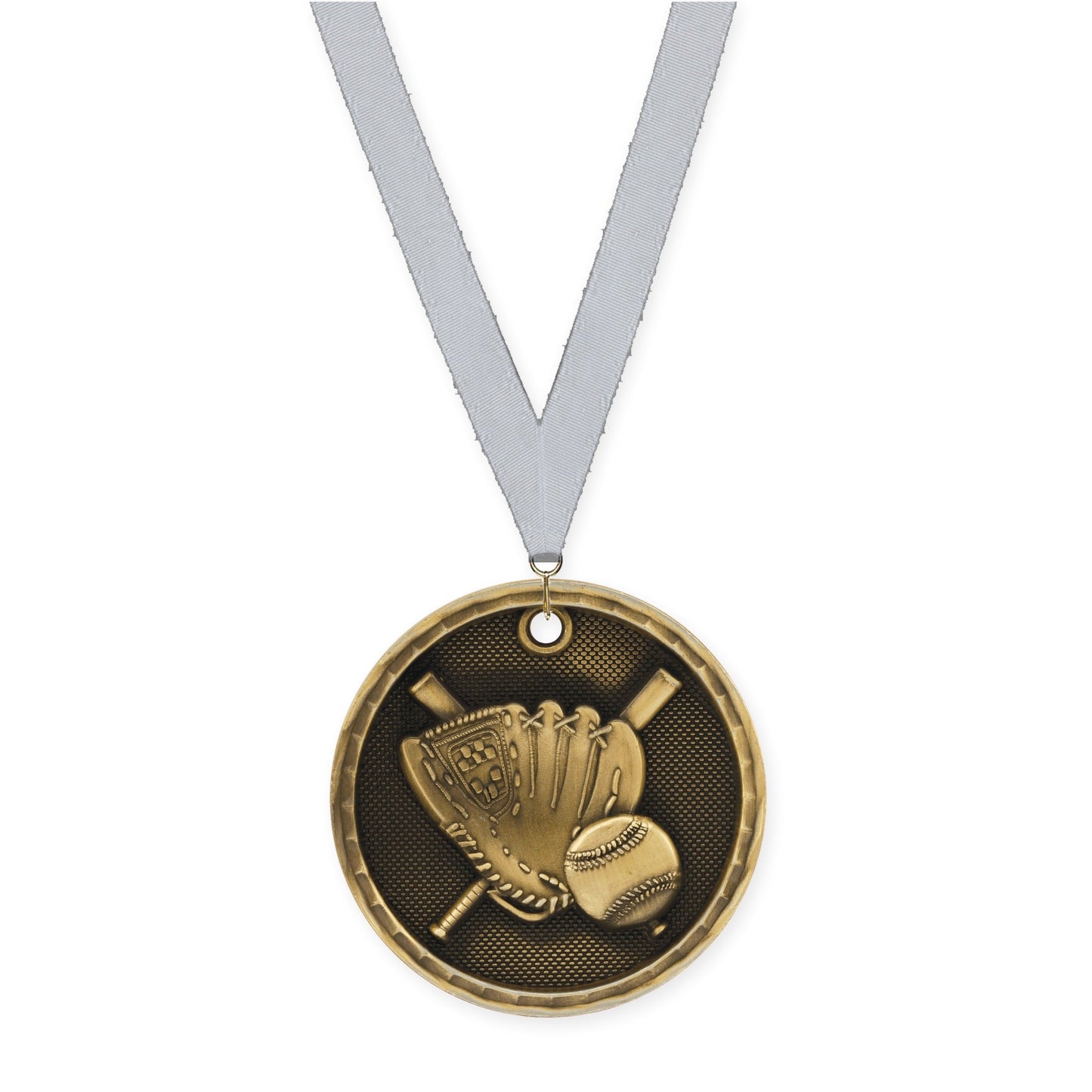 2 inch baseball 3-D medal in antique gold with Silver Metallic neck ribbon
