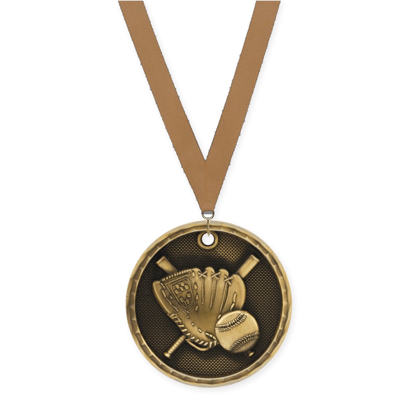 2 inch baseball 3-D medal in antique gold with Bronze Metallic neck ribbon