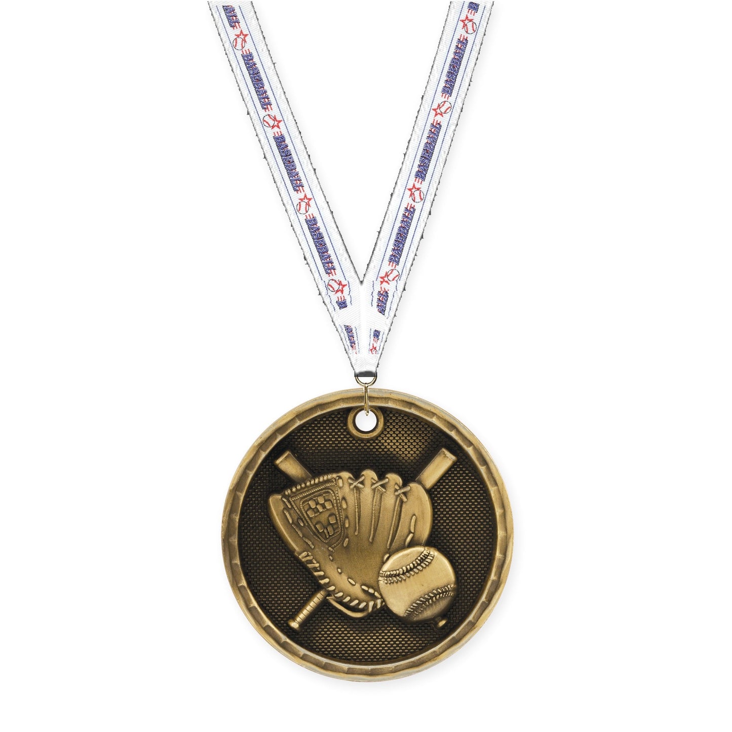2 inch baseball 3-D medal in antique gold with Baseball neck ribbon