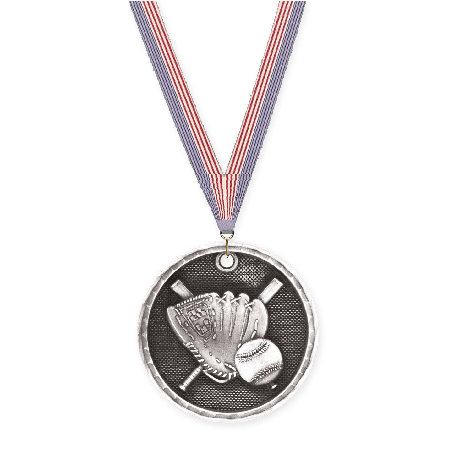 2 inch baseball 3-D medal in antique silver with USA Flag neck ribbon
