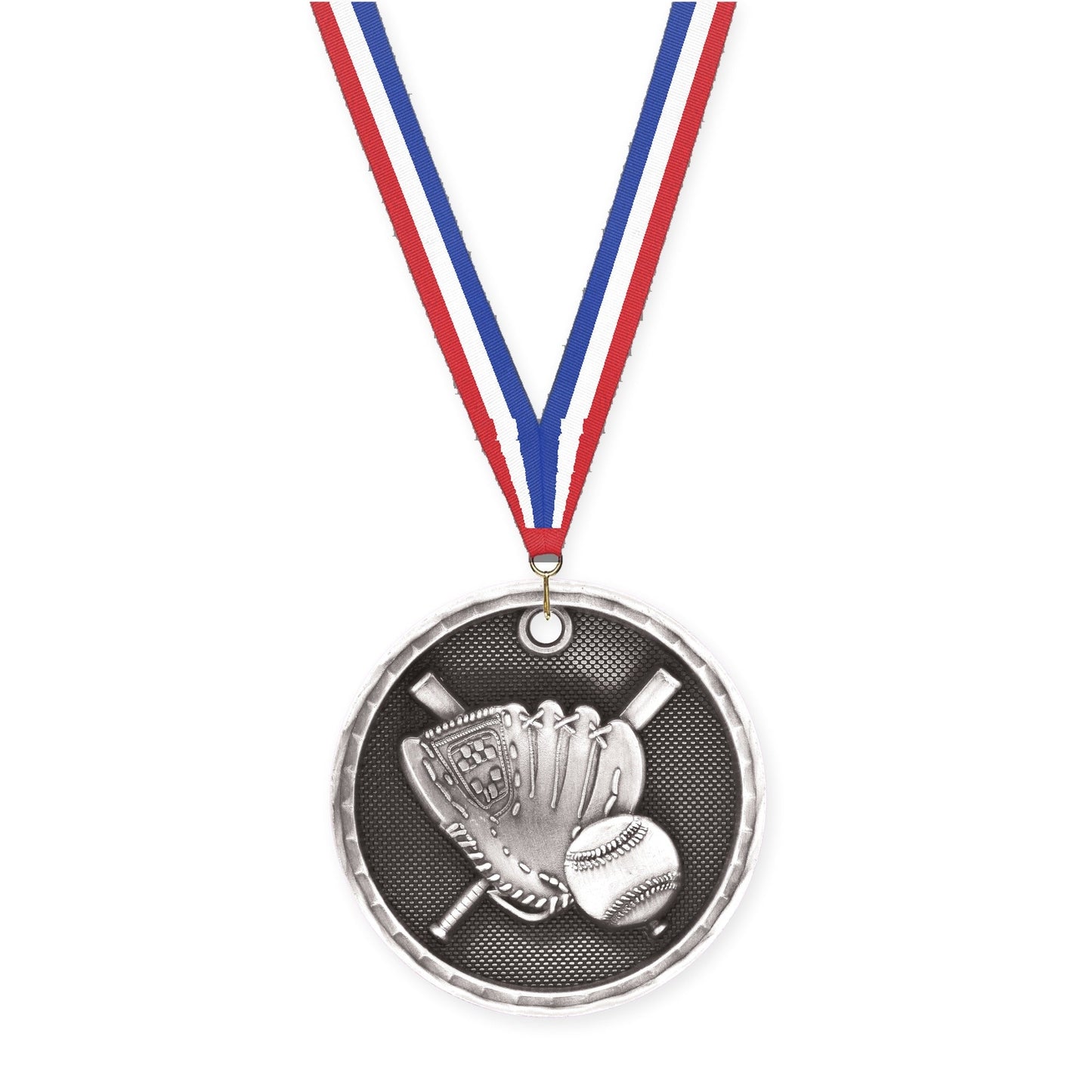 2 inch baseball 3-D medal in antique silver with Red White Blue neck ribbon