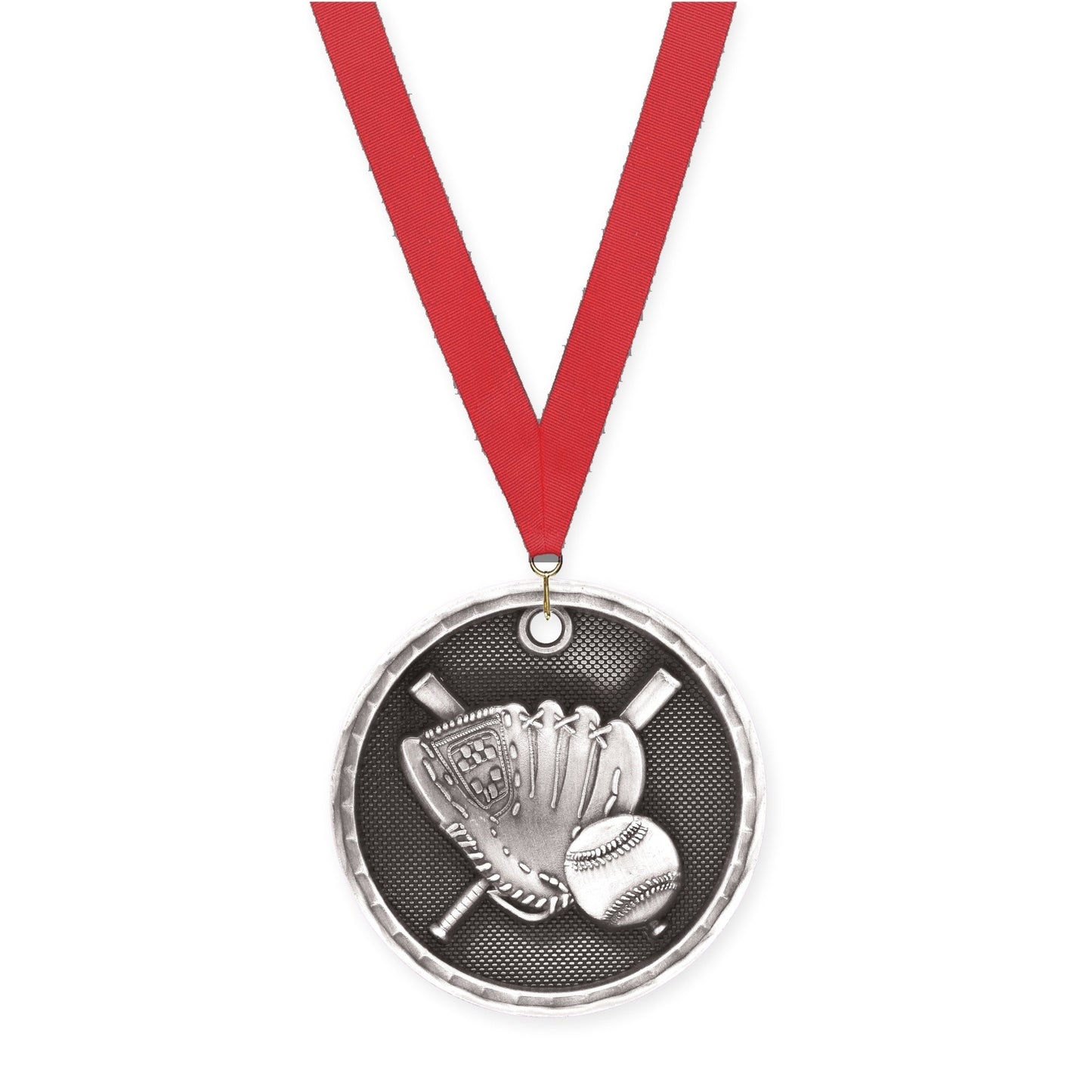 2 inch baseball 3-D medal in antique silver with Red neck ribbon
