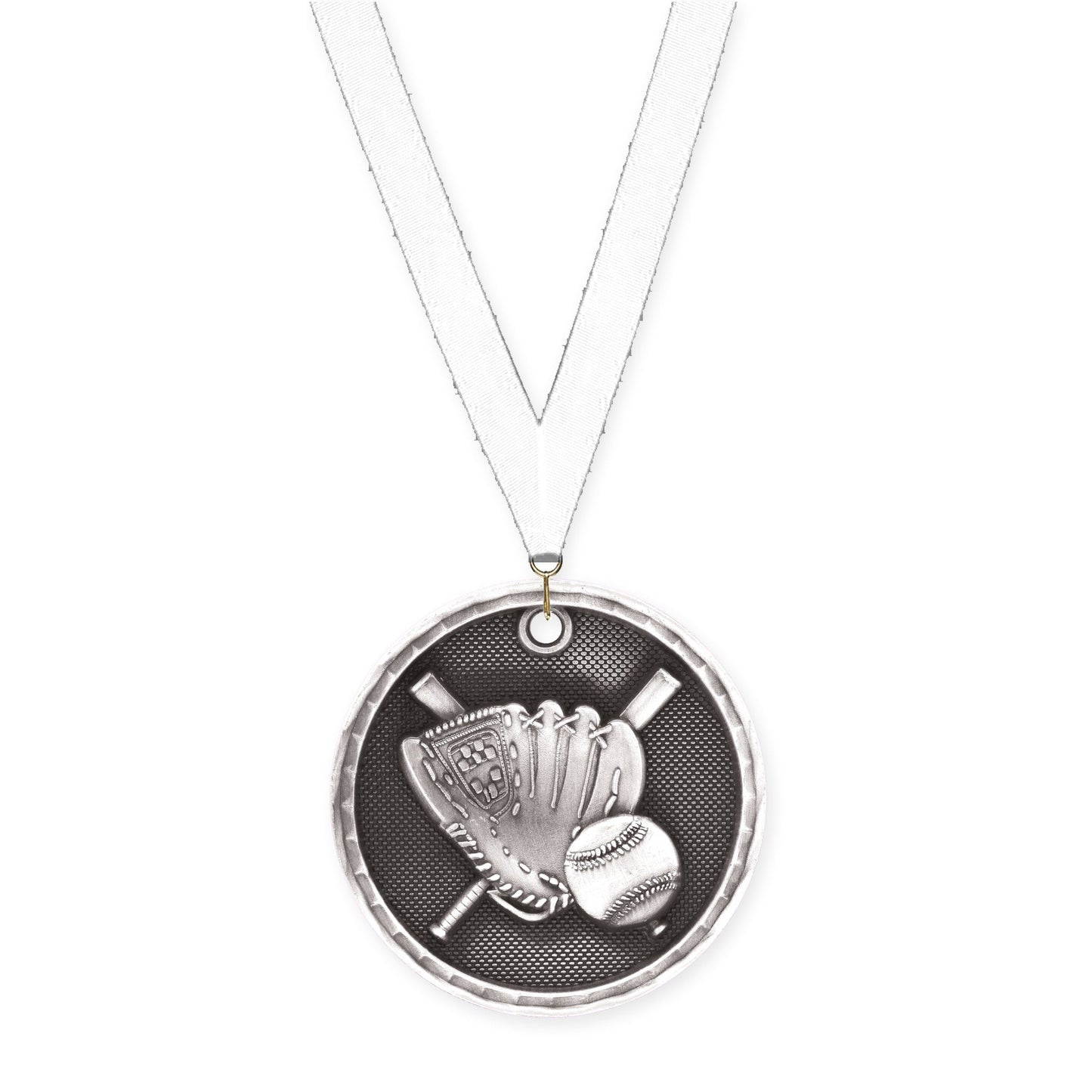 2 inch baseball 3-D medal in antique silver with White neck ribbon