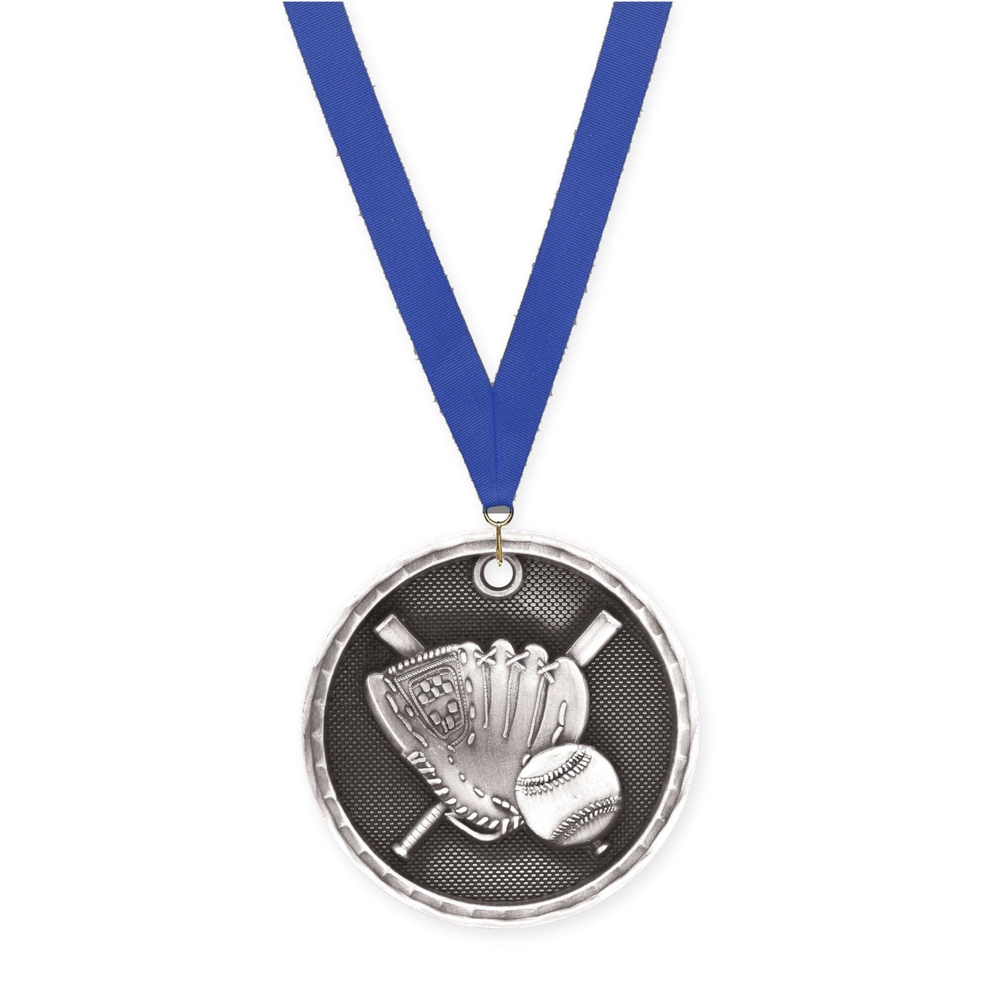 2 inch baseball 3-D medal in antique silver with Blue neck ribbon