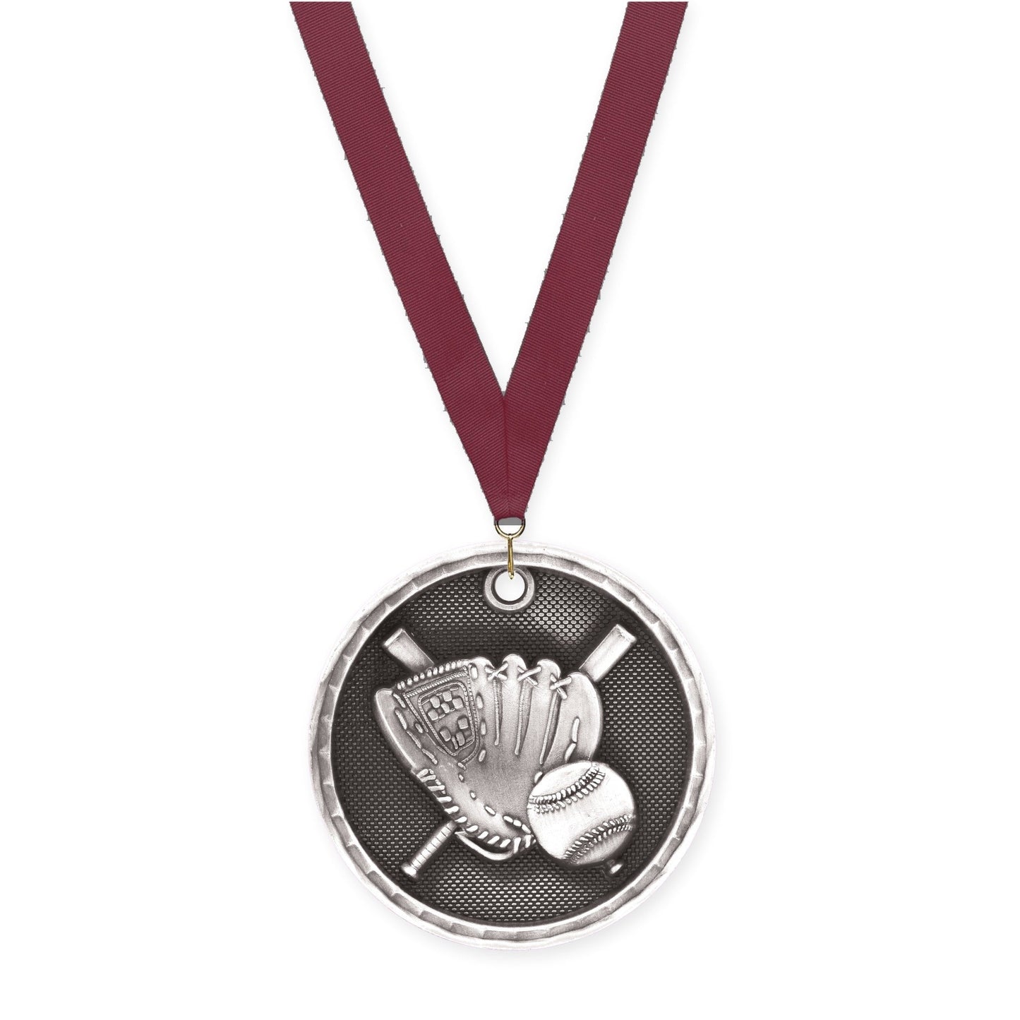 2 inch baseball 3-D medal in antique silver with Maroon neck ribbon