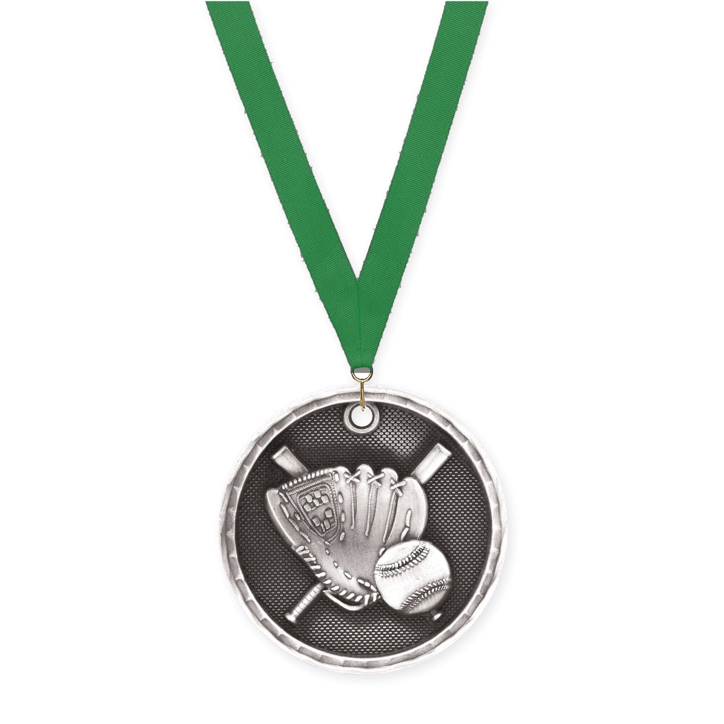 2 inch baseball 3-D medal in antique silver with Green neck ribbon
