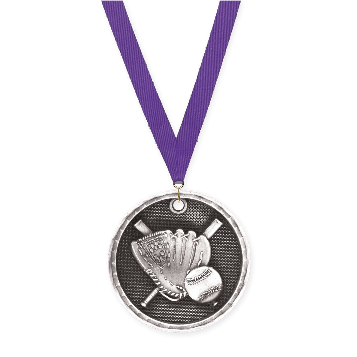 2 inch baseball 3-D medal in antique silver with Purple neck ribbon