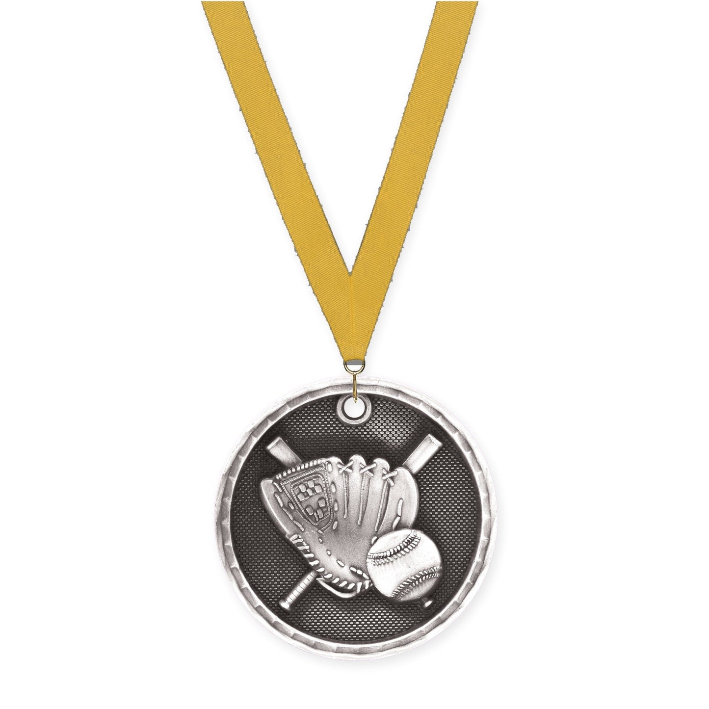 2 inch baseball 3-D medal in antique silver with Gold neck ribbon
