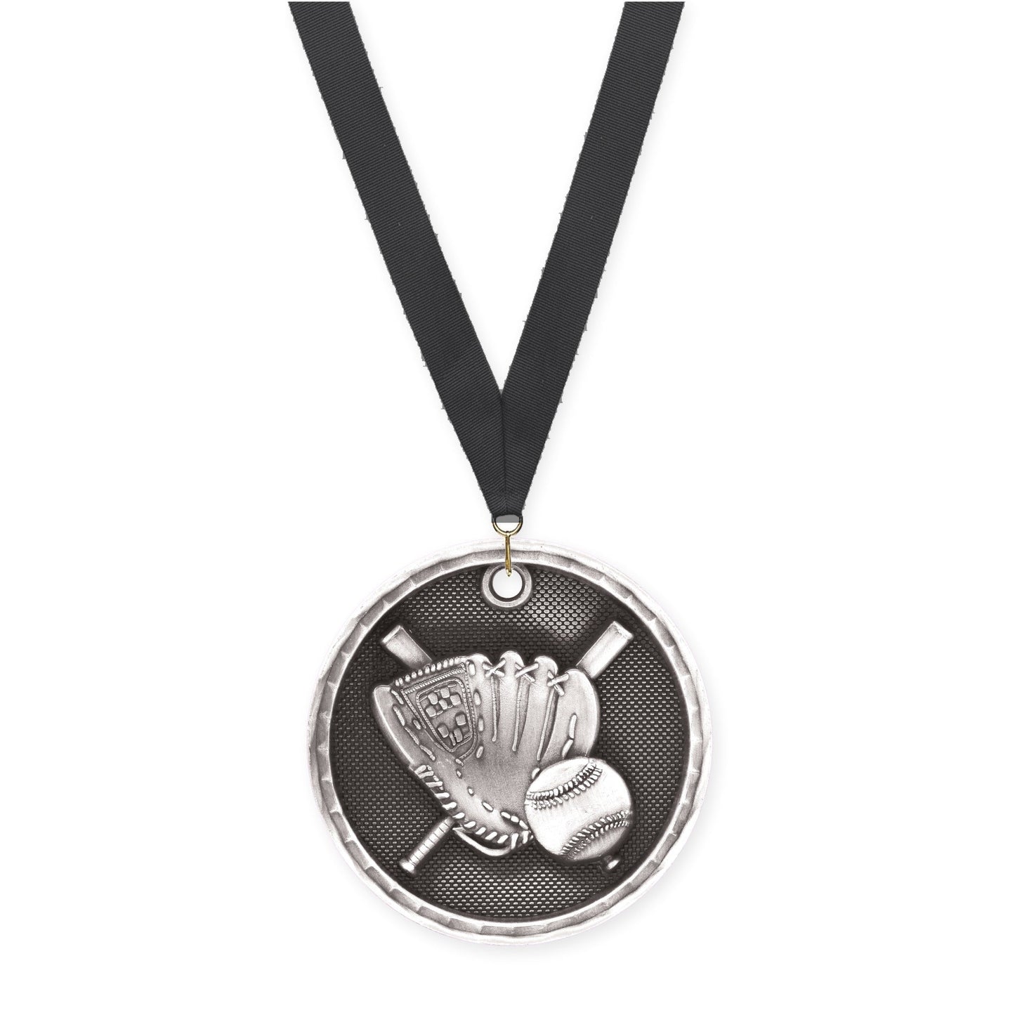 2 inch baseball 3-D medal in antique silver with Black neck ribbon