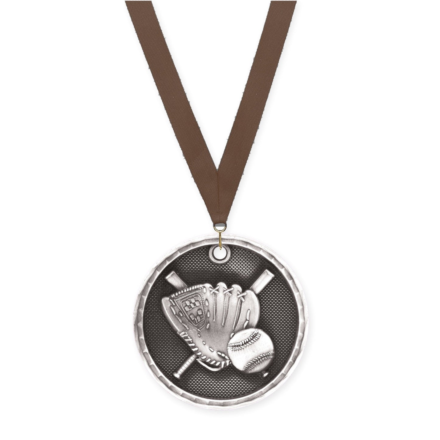 2 inch baseball 3-D medal in antique silver with Brown neck ribbon