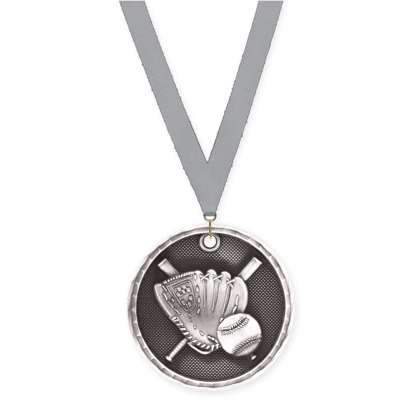 2 inch baseball 3-D medal in antique silver with Gray neck ribbon