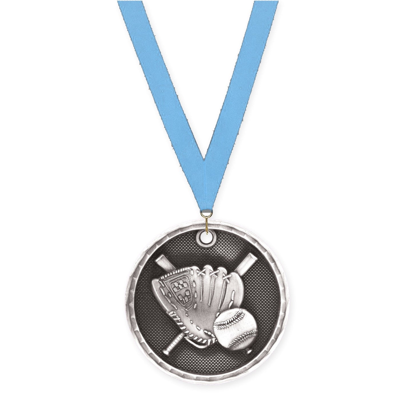 2 inch baseball 3-D medal in antique silver with Light Blue neck ribbon