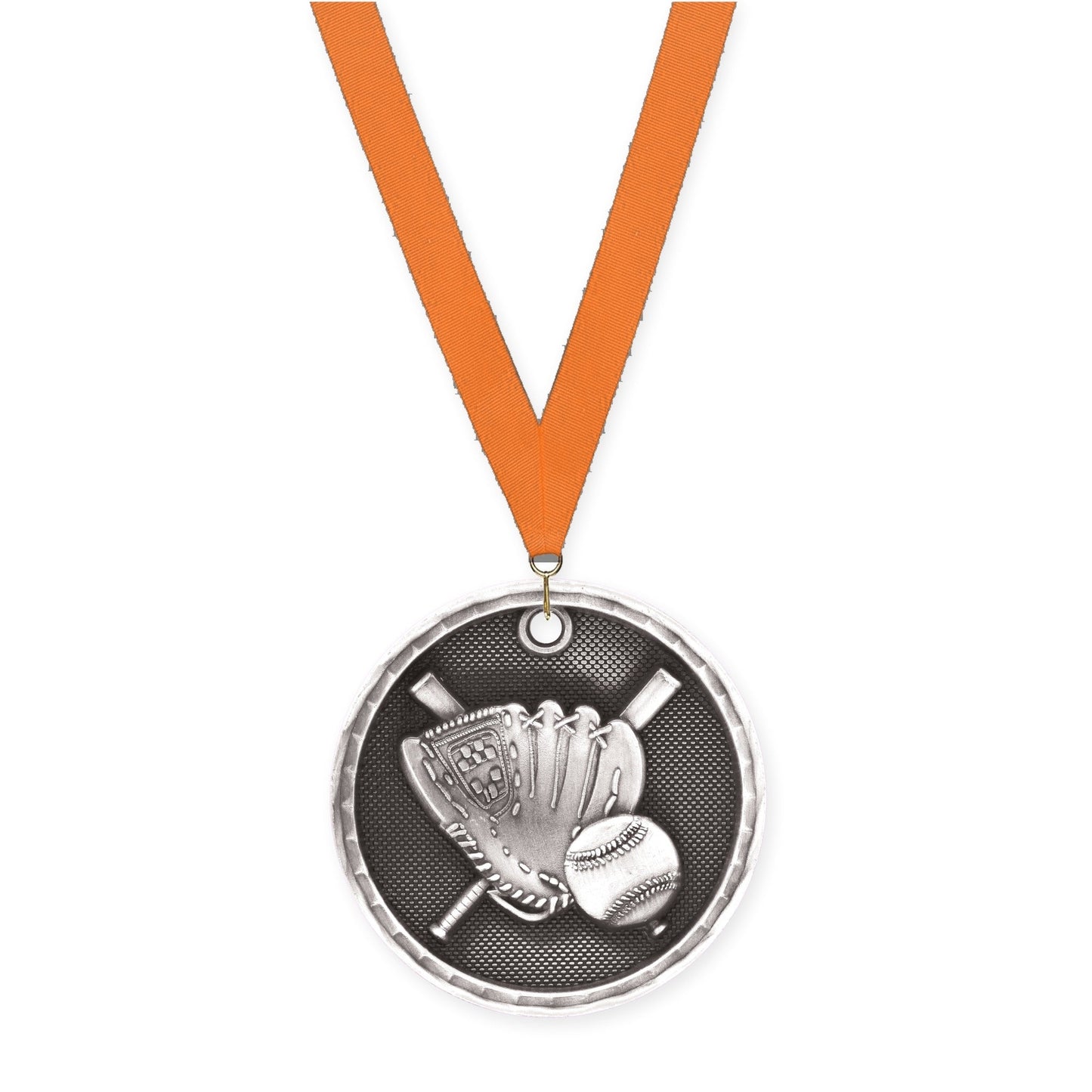 2 inch baseball 3-D medal in antique silver with Orange neck ribbon