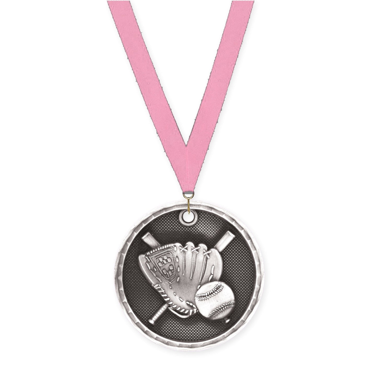 2 inch baseball 3-D medal in antique silver with Pink neck ribbon